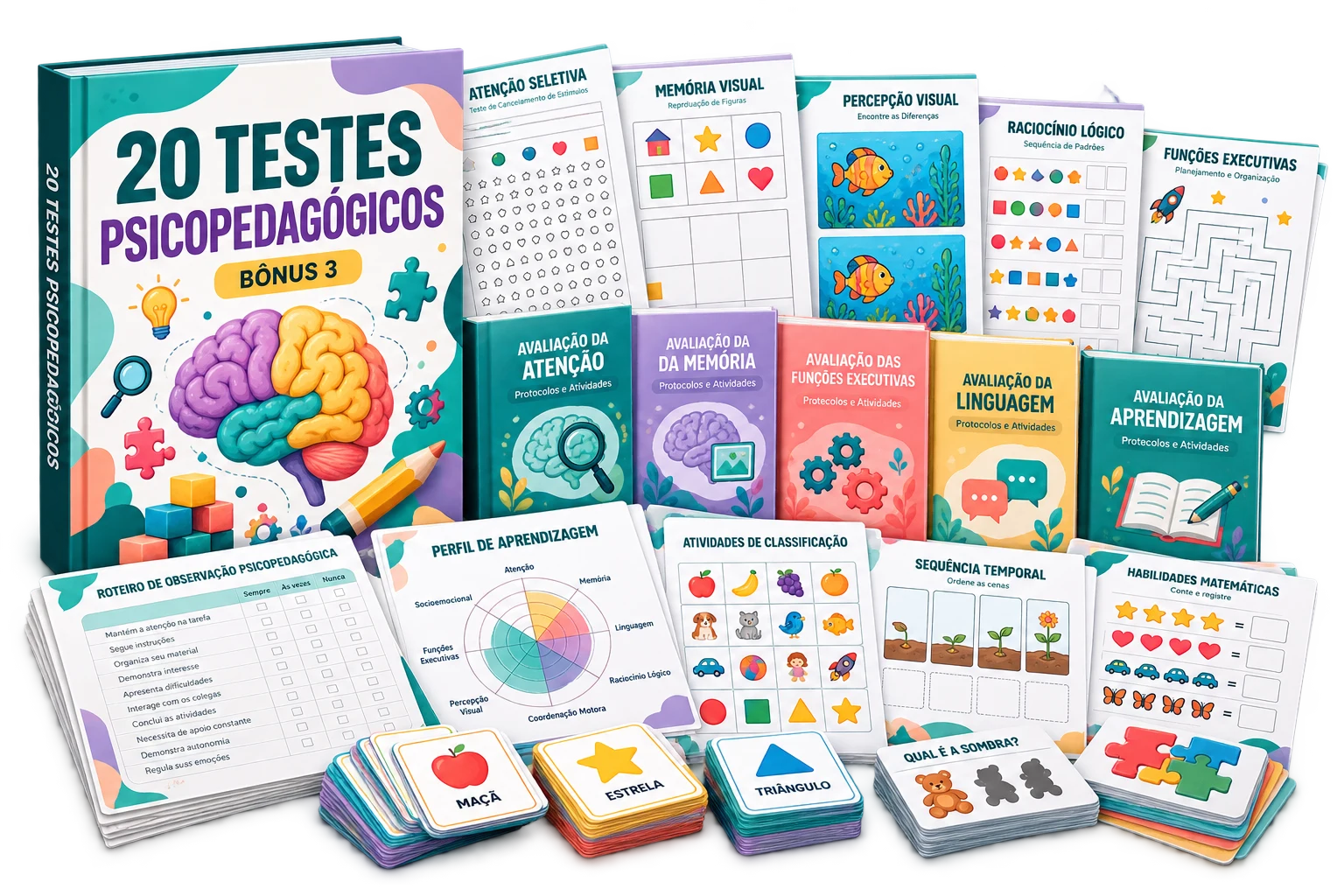 Mockup ilustrativo: 20 Testes Psicopedagógicos